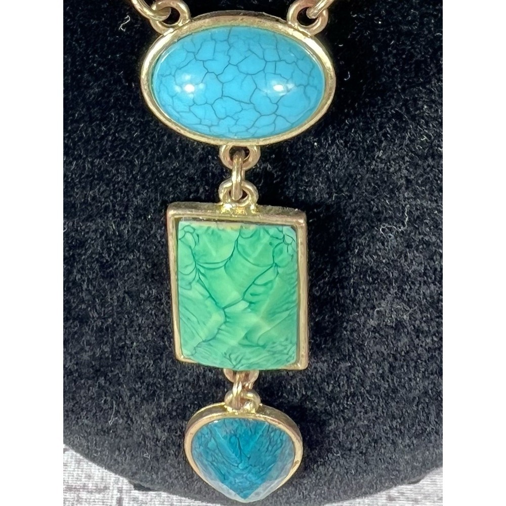 Green Faux Turquoise‎ Statement Necklace Gold Tone Multi Stone Drop Bib 17.75" - Picture 2 of 3